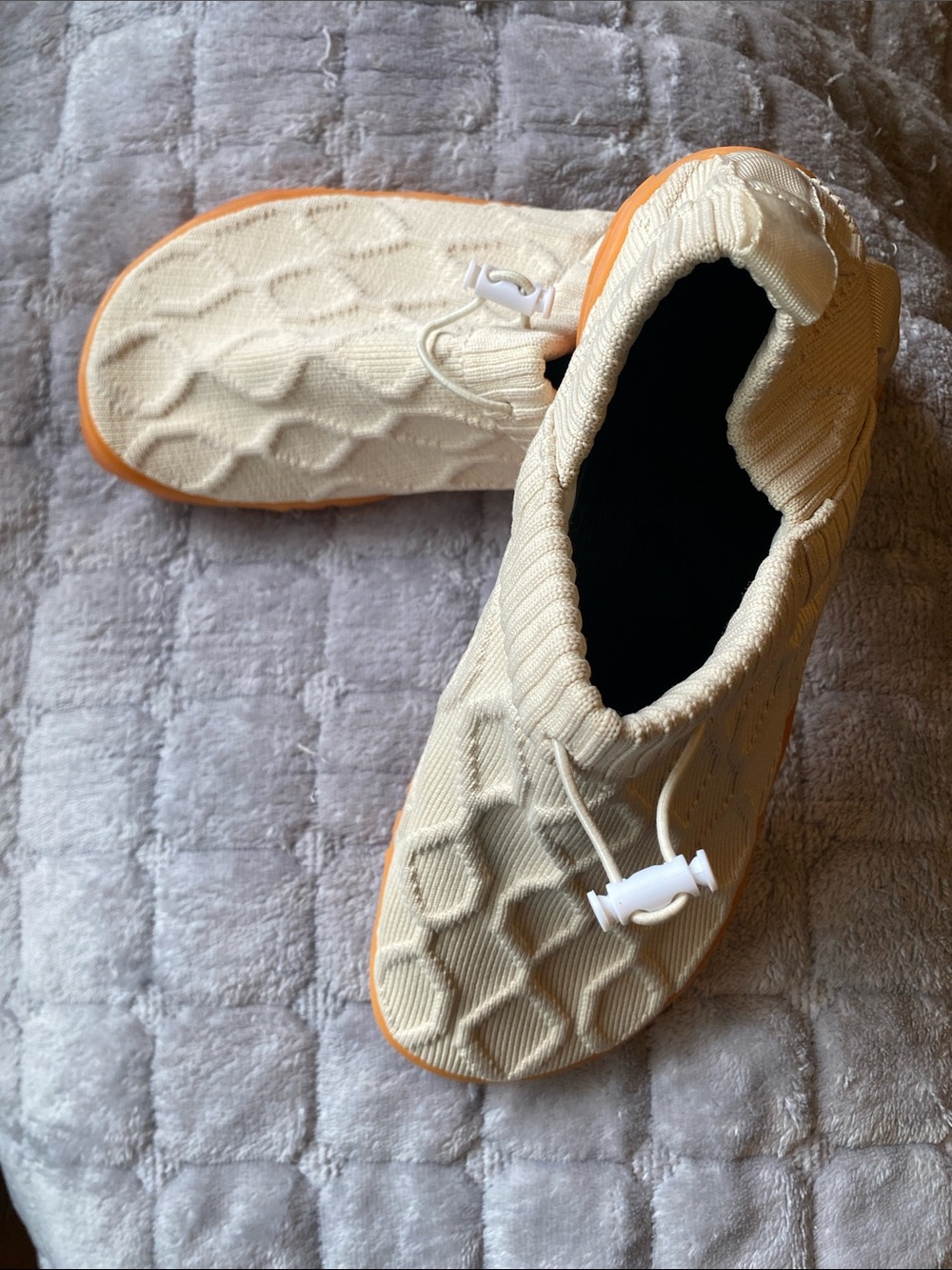 Cream Knit Slip-On Barefoot Style Water Shoes with Orange Sole